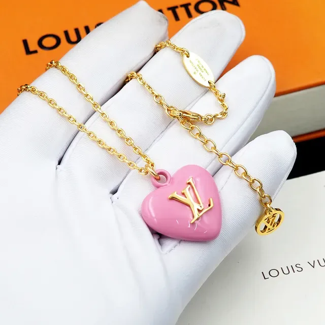 Louis Vuitton Heart Pendant Pink Gold Curb Chain Enamel Necklace 10