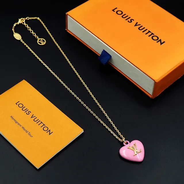 Louis Vuitton Heart Pendant Pink Gold Curb Chain Enamel Necklace 11