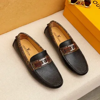 Louis Vuitton Loafer Black Brown Pebbled Leather Monogram Canvas Trim Loafer