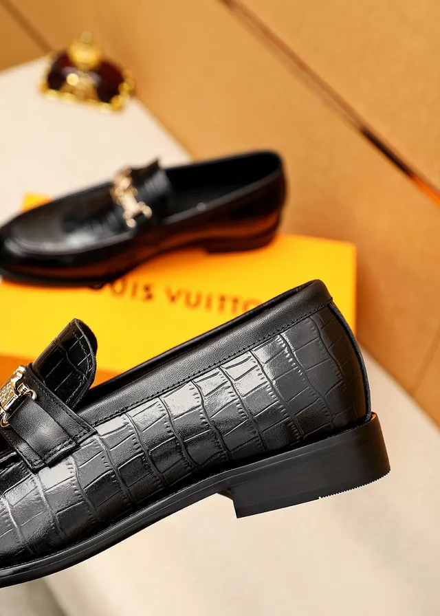 Louis Vuitton Loafer Black Gold Crocodile-Embossed Leather LV Buckle Loafer 7