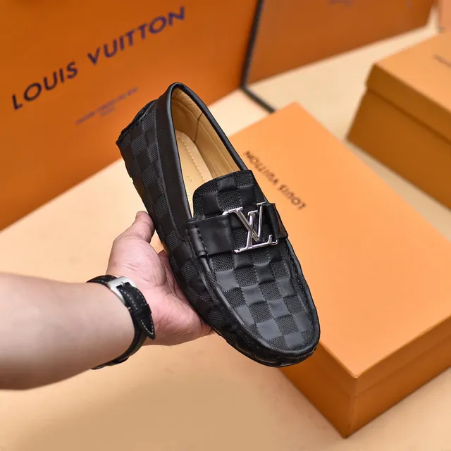 Louis Vuitton Loafer Black Silver Checkered Damier Pattern Metal LV Buckle Strap Loafer 7