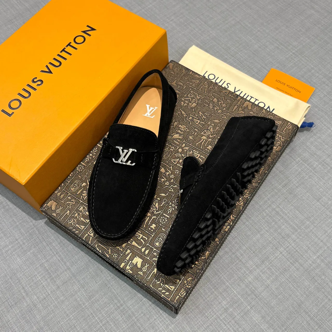 Louis Vuitton Loafer Black Silver Suede Upper LV Logo Buckle Loafer 2