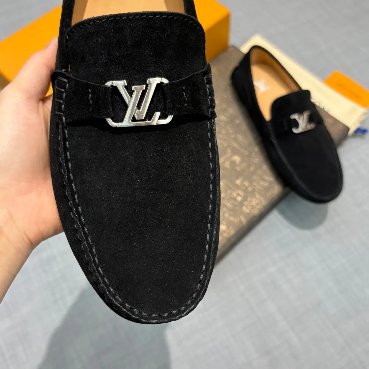 Louis Vuitton Loafer Black Silver Suede Upper LV Logo Buckle Loafer 3