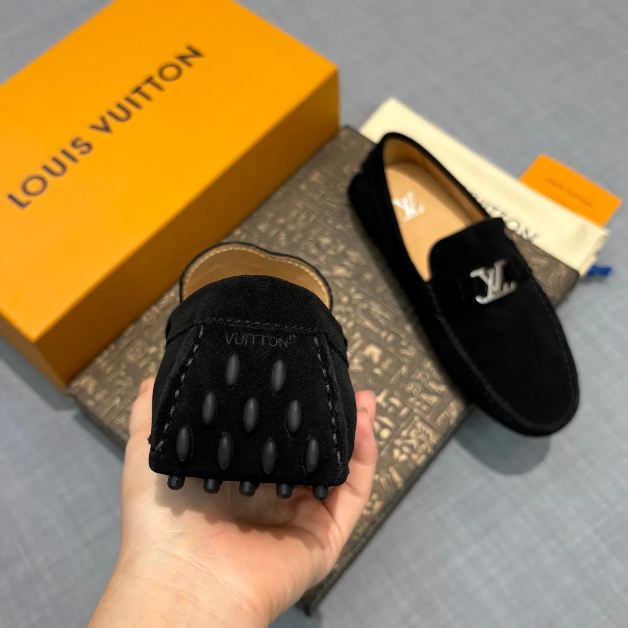 Louis Vuitton Loafer Black Silver Suede Upper LV Logo Buckle Loafer 4