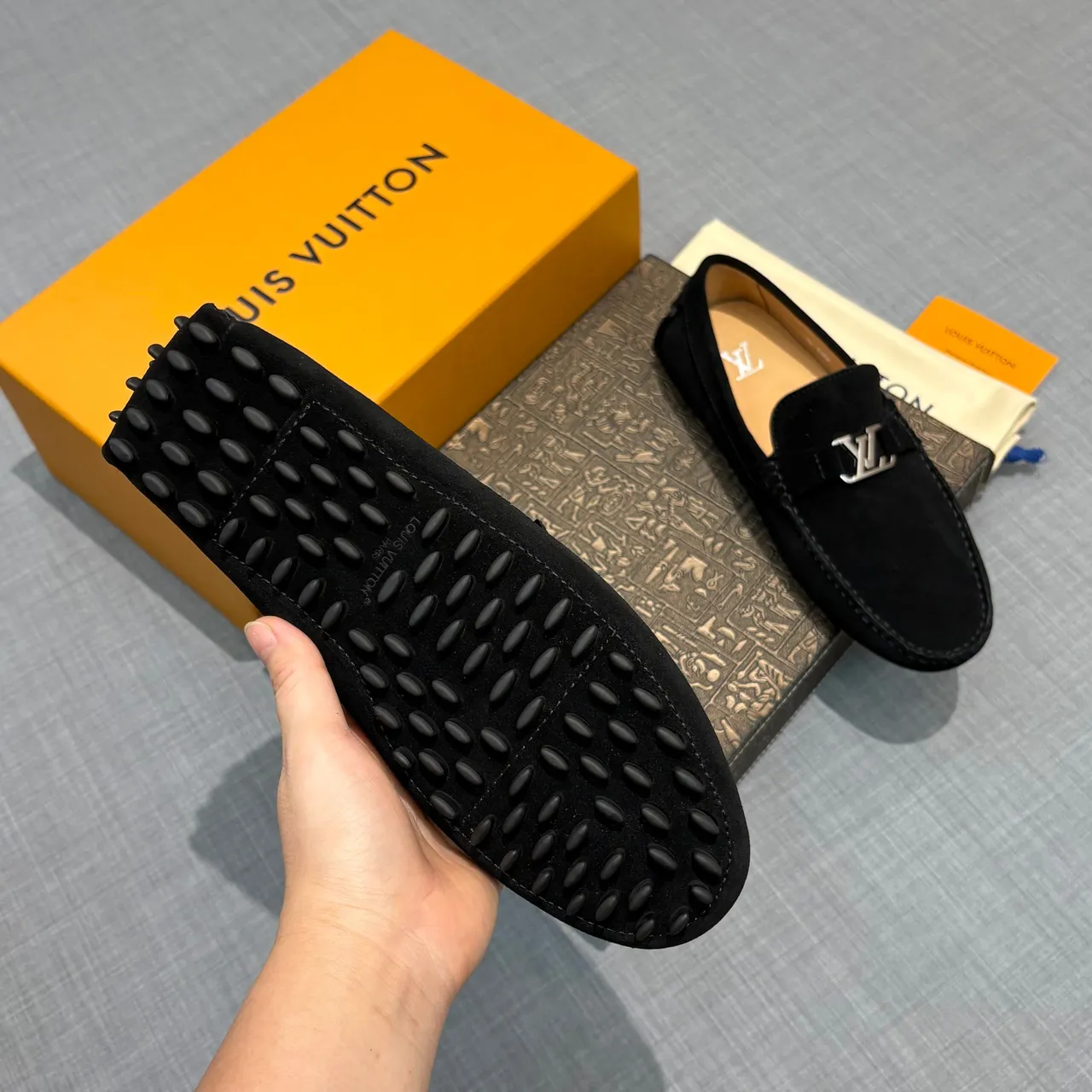 Louis Vuitton Loafer Black Silver Suede Upper LV Logo Buckle Loafer 5