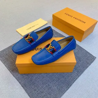 Louis Vuitton Mocassim Azul Dourado Couro Superior LV Monograma Fivela Mocassim