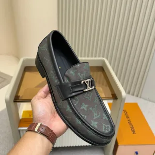 Louis Vuitton 棕绿花押字帆布皮革边饰乐福鞋