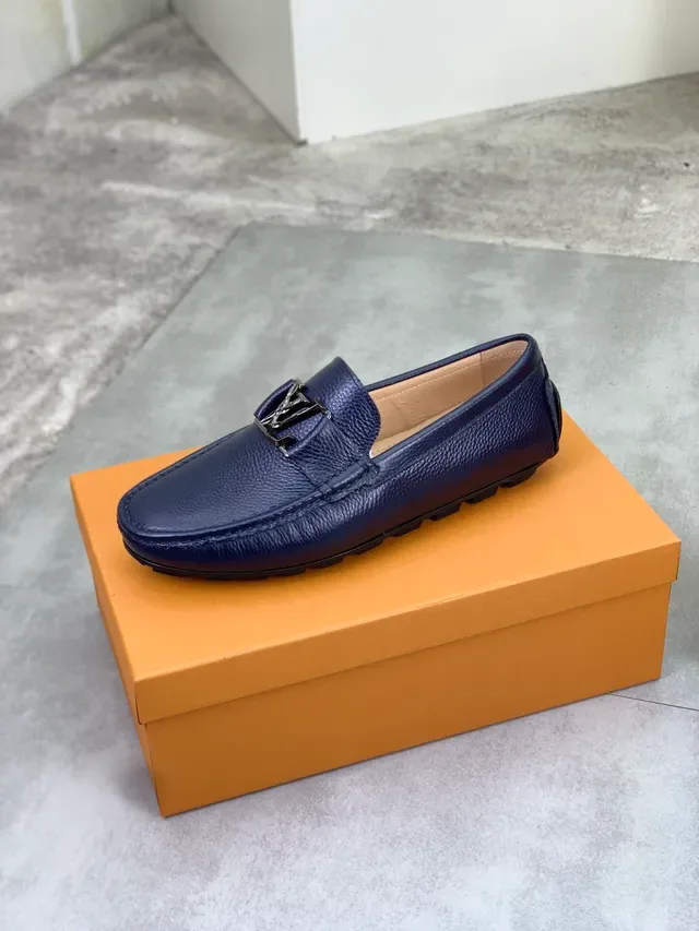 Louis Vuitton Loafer Navy Silver Pebbled Leather Metal LV Buckle Loafer 4