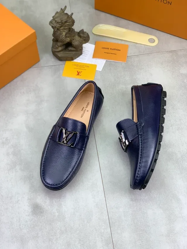 Louis Vuitton Loafer Navy Silver Pebbled Leather Metal LV Buckle Loafer 5