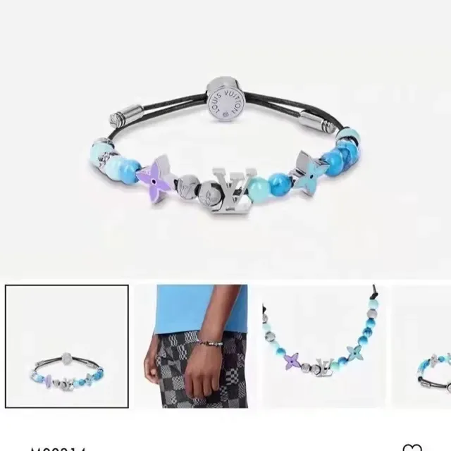 Louis Vuitton LV Beads Blue Silver Adjustable Cord Metal Charms Bracelet 4