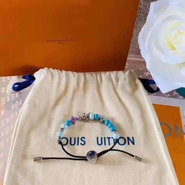 Louis Vuitton LV Beads Blue Silver Adjustable Cord Metal Charms Bracelet 5
