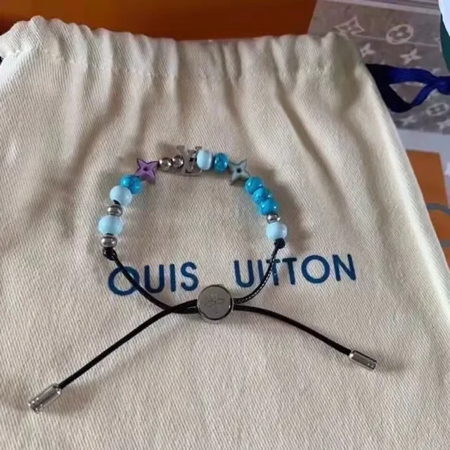 Louis Vuitton LV Beads Blue Silver Adjustable Cord Metal Charms Bracelet 6