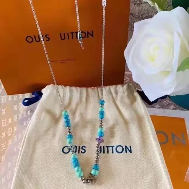 Louis Vuitton LV Beads Blue Silver Adjustable Cord Metal Charms Bracelet 7
