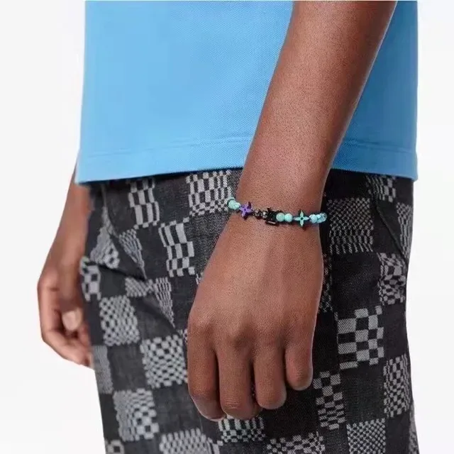 Louis Vuitton LV Beads Blue Silver Adjustable Cord Metal Charms Bracelet 8