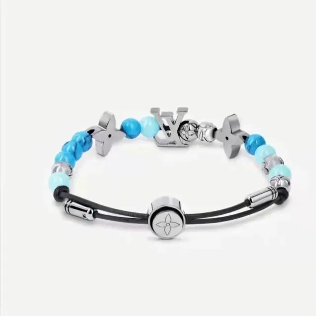 Louis Vuitton LV Beads Blue Silver Adjustable Cord Metal Charms Bracelet 9