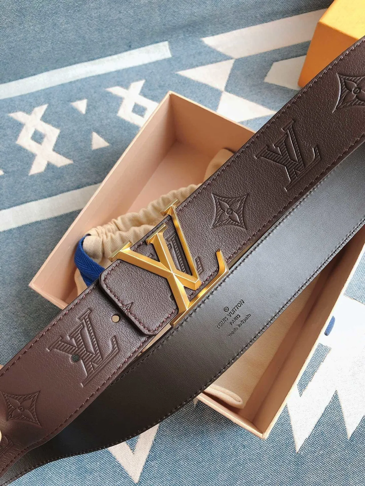 Louis Vuitton LV Belt Brown Gold Monogram-Embossed Buckle Leather Belt 2