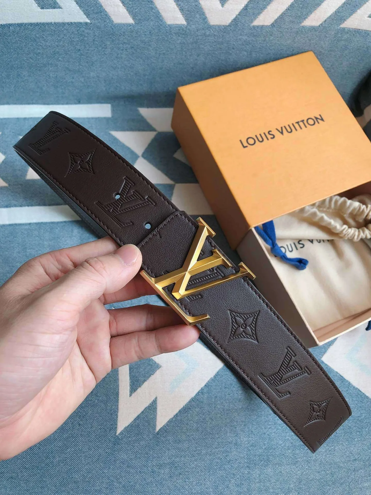 Louis Vuitton LV Belt Brown Gold Monogram-Embossed Buckle Leather Belt 3