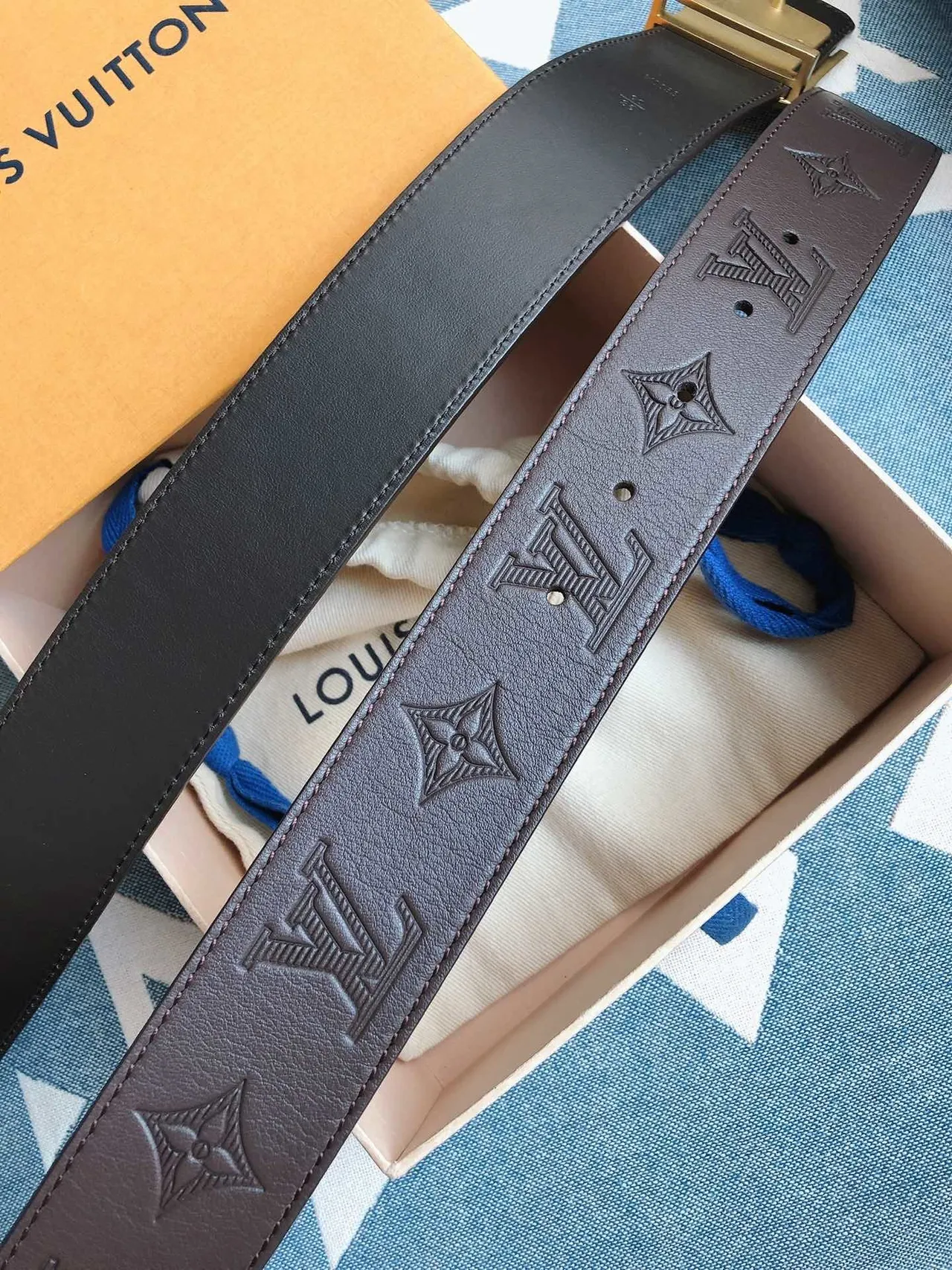 Louis Vuitton LV Belt Brown Gold Monogram-Embossed Buckle Leather Belt 4