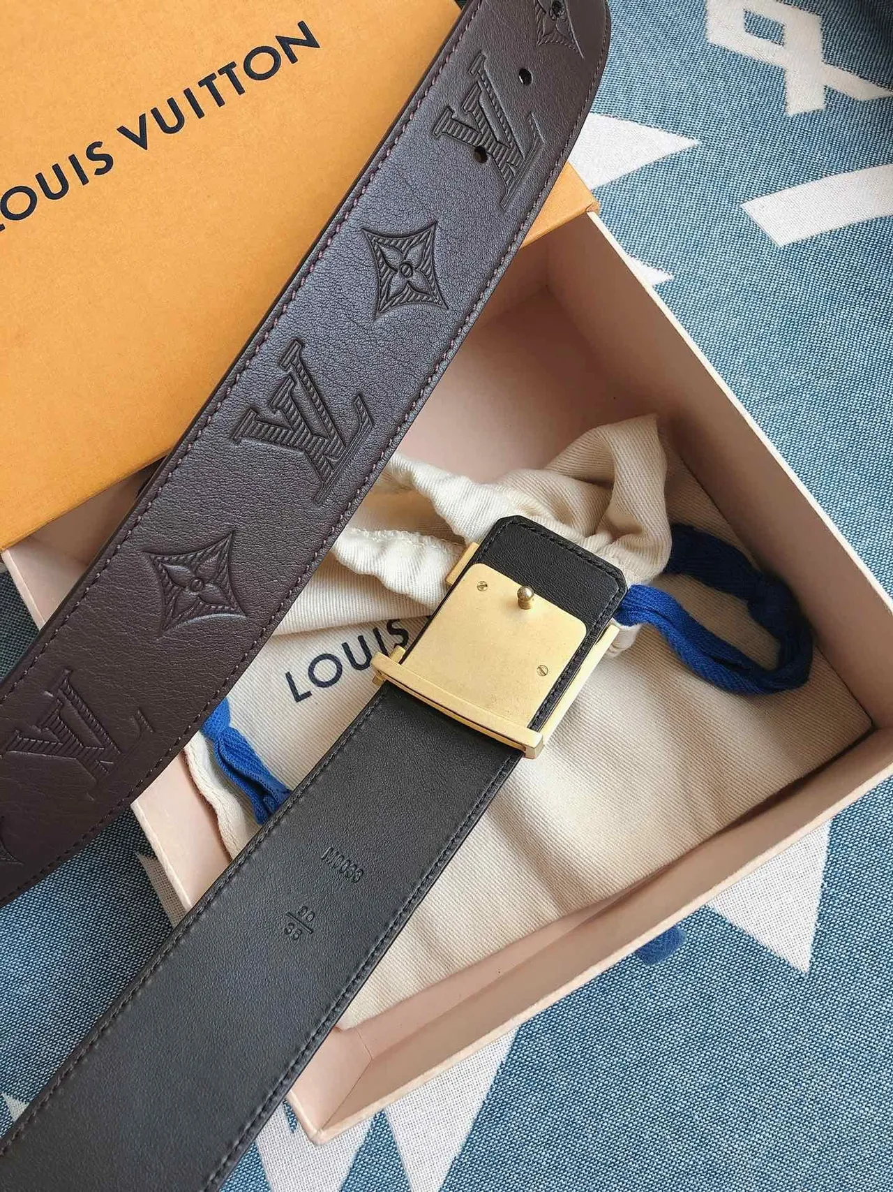 Louis Vuitton LV Belt Brown Gold Monogram-Embossed Buckle Leather Belt 5