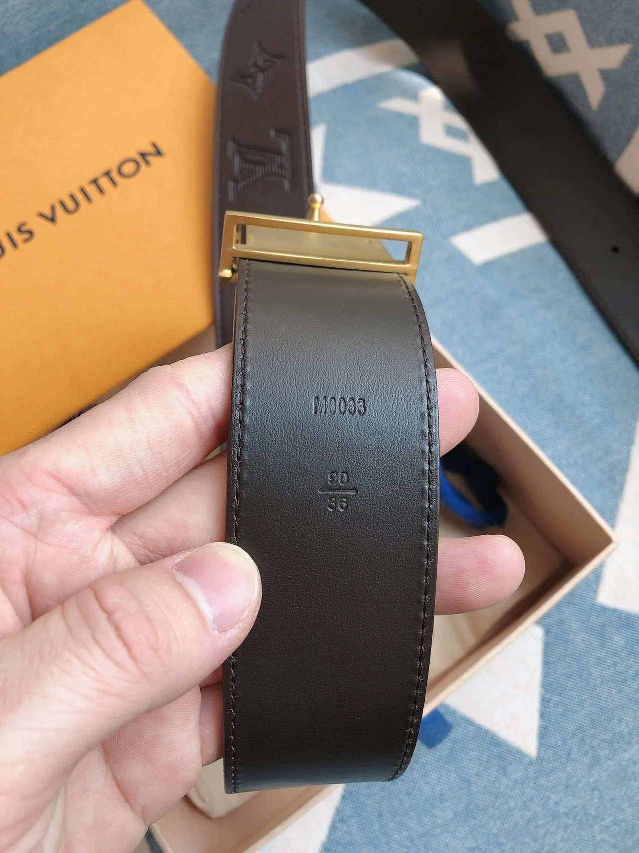 Louis Vuitton LV Belt Brown Gold Monogram-Embossed Buckle Leather Belt 7