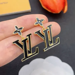 لويس فيتون LV زهرة أسود إنالييت ذهبي النغمة أقراط معلقة