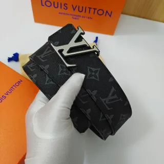 Louis Vuitton LV Initiales Black Gray Monogram-Coated Large Metallic Buckle Leather Belt