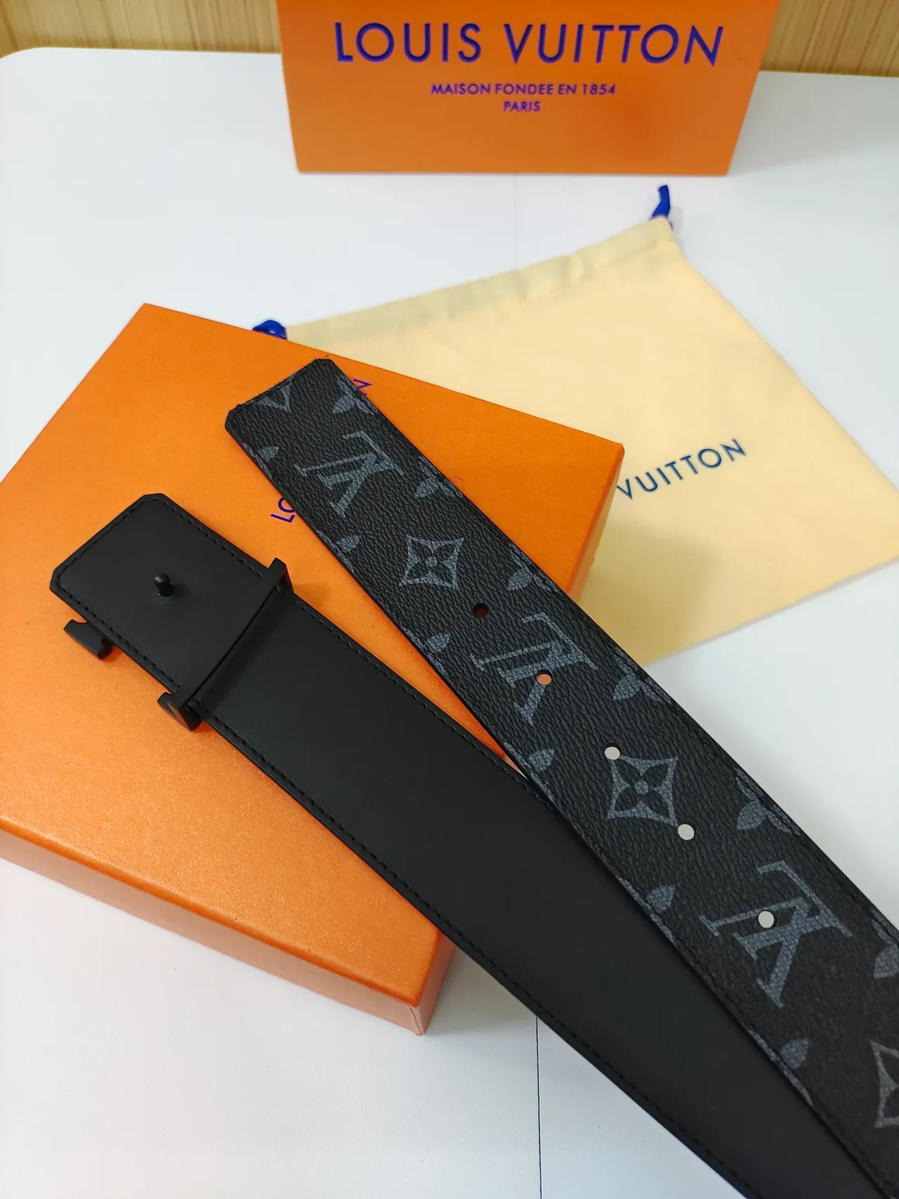 Louis Vuitton LV Initiales Black Gray Monogram-Coated Large Metallic Buckle Leather Belt 2