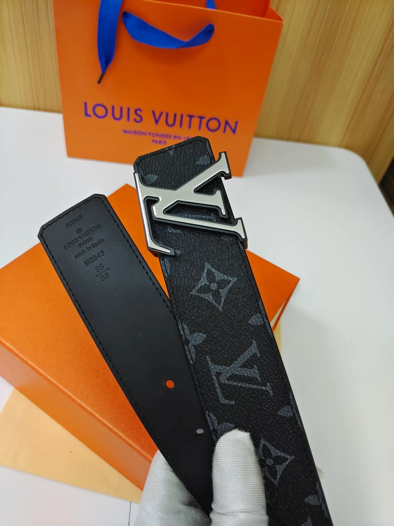Louis Vuitton LV Initiales Black Gray Monogram-Coated Large Metallic Buckle Leather Belt 3