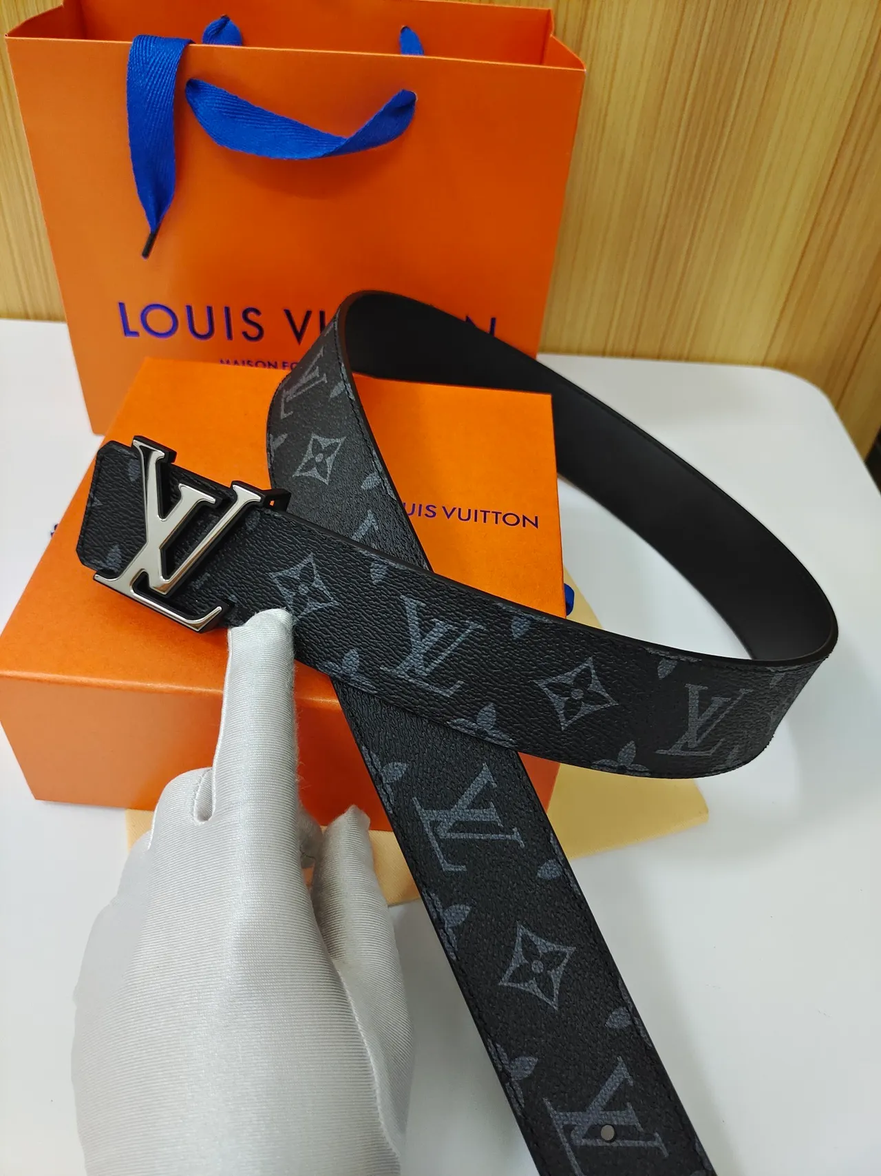 Louis Vuitton LV Initiales Black Gray Monogram-Coated Large Metallic Buckle Leather Belt 4