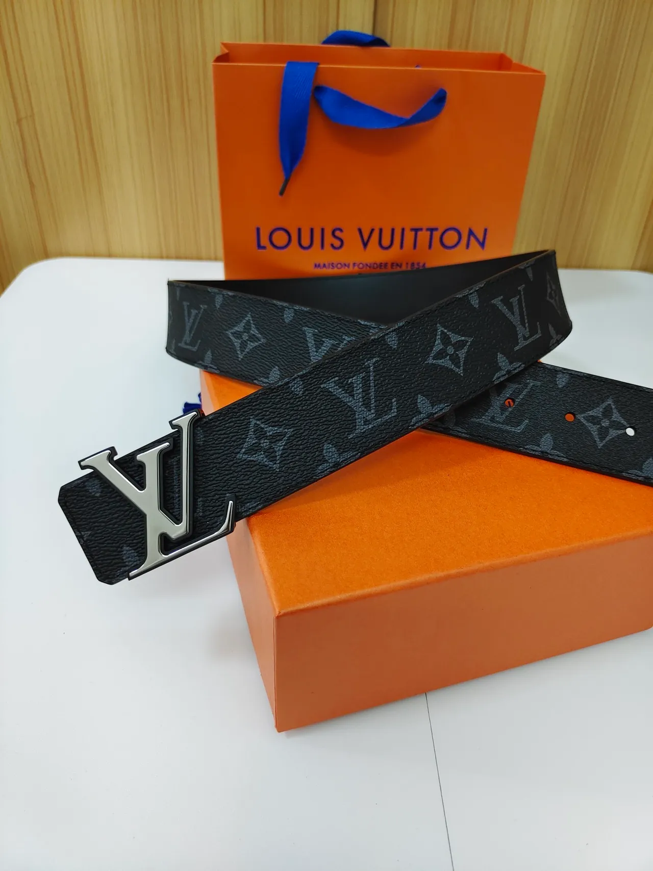 Louis Vuitton LV Initiales Black Gray Monogram-Coated Large Metallic Buckle Leather Belt 5