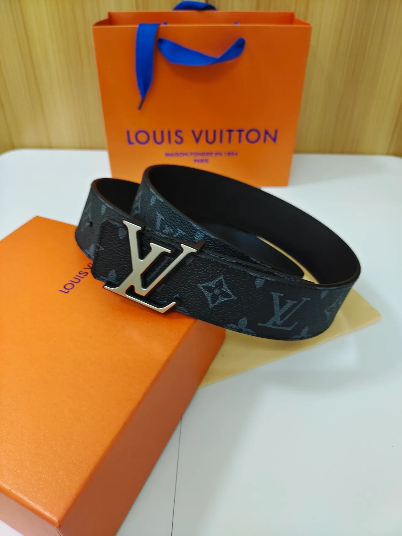Louis Vuitton LV Initiales Black Gray Monogram-Coated Large Metallic Buckle Leather Belt 6