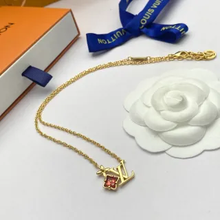 Louis Vuitton LV Monogram Floral Gold Red Chain Pendant Necklace