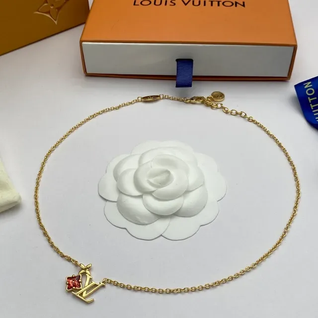 Louis Vuitton LV Monogram Floral Gold Red Chain Pendant Necklace 2