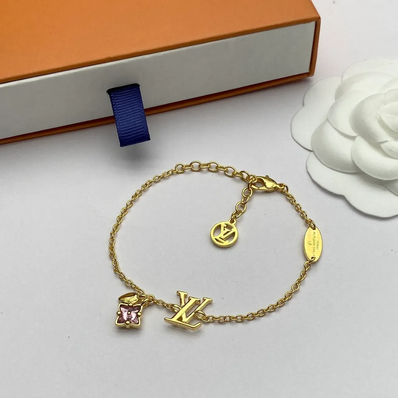 Louis Vuitton LV Monogram Floral Gold Red Chain Pendant Necklace 5