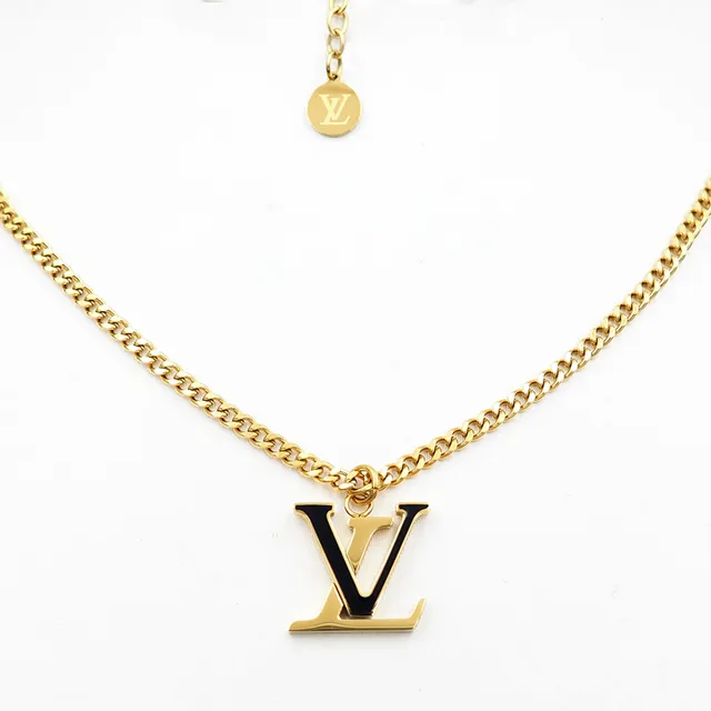路易威登 LV Monogram 吊坠项链 黄金黑色马蹄链 搪瓷项链 2