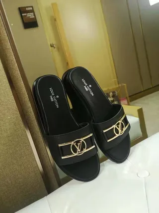 Louis Vuitton LV Slide Black Leather Gold-Tone Buckle Slippers 2