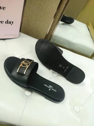 Louis Vuitton LV Slide Black Leather Gold-Tone Buckle Slippers 3