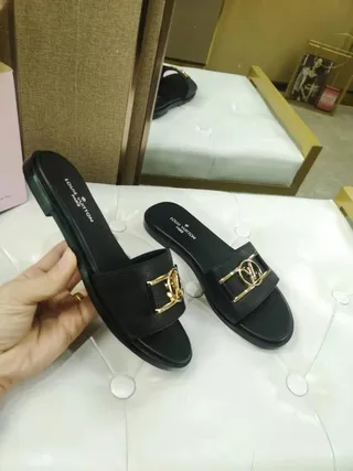 Louis Vuitton LV Slide Black Leather Gold-Tone Buckle Slippers 4
