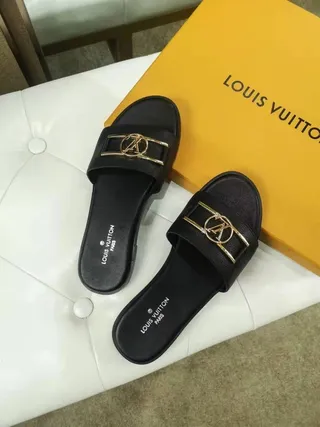 Louis Vuitton LV Slide Black Leather Gold-Tone Buckle Slippers 5