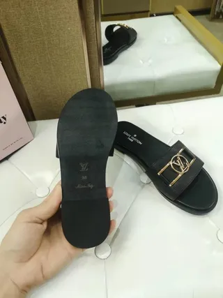 Louis Vuitton LV Slide Black Leather Gold-Tone Buckle Slippers 6