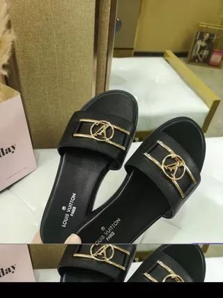 Louis Vuitton LV Slide Black Leather Gold-Tone Buckle Slippers 7