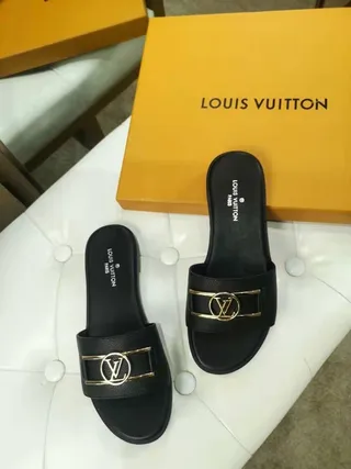 Louis Vuitton LV Slide Black Leather Gold-Tone Buckle Slippers 8