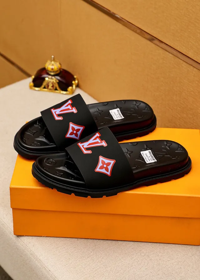 Louis Vuitton LV Slide Black Red White Logo Slippers 2