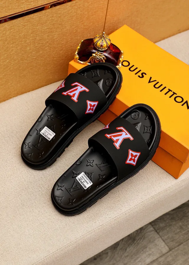 Louis Vuitton LV Slide Black Red White Logo Slippers 3
