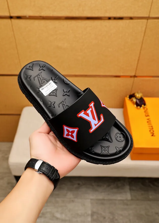 Louis Vuitton LV Slide Black Red White Logo Slippers 4