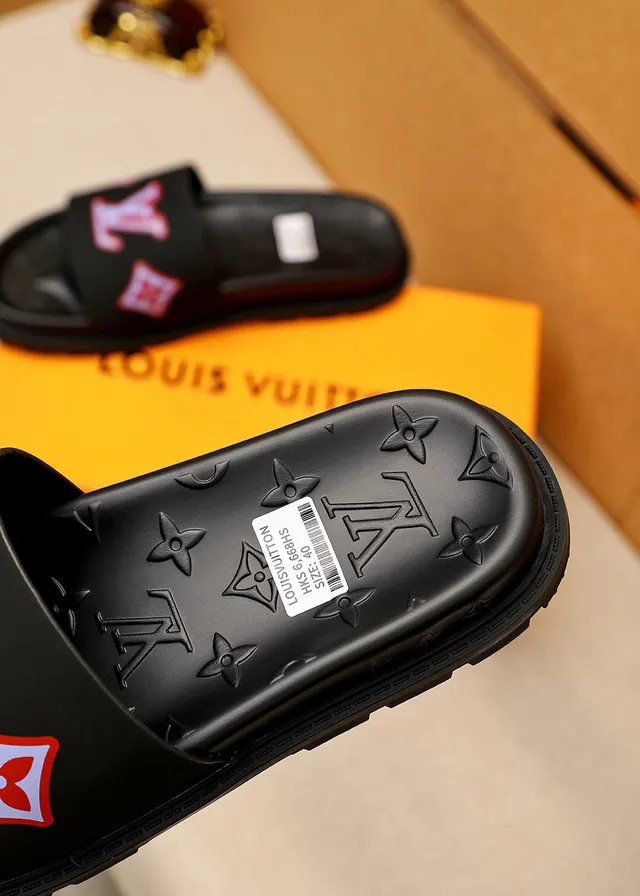 Louis Vuitton LV Slide Black Red White Logo Slippers 7