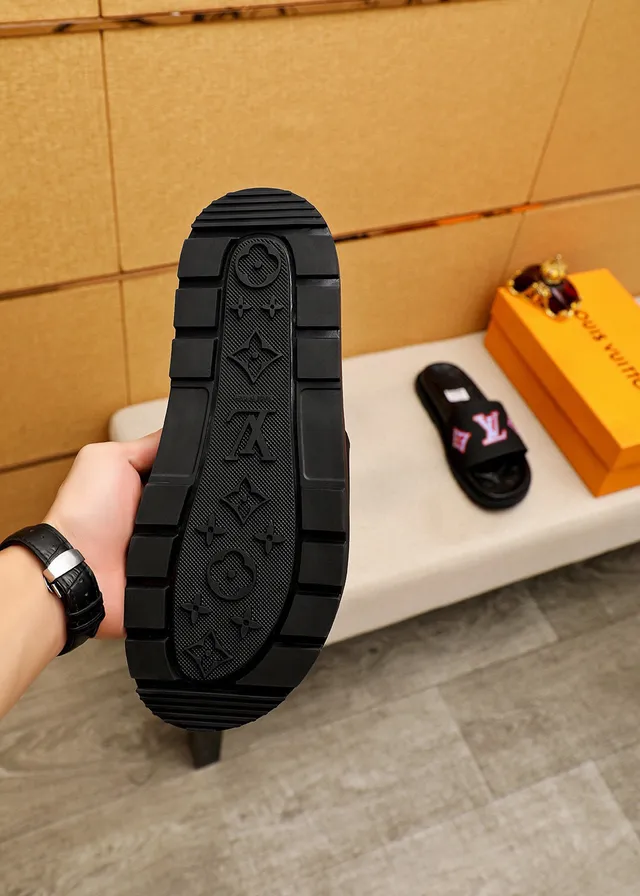 Louis Vuitton LV Slide Black Red White Logo Slippers 9
