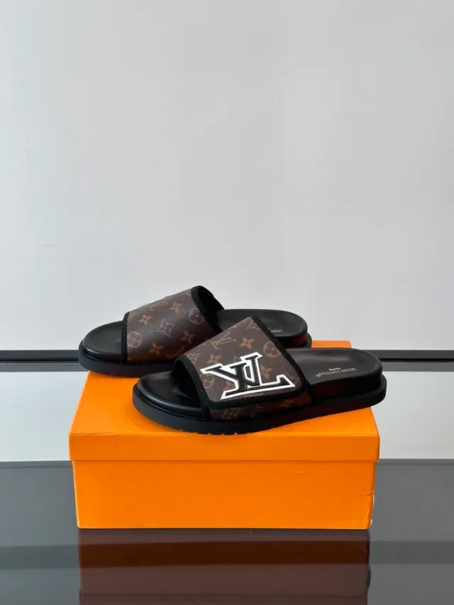 Louis Vuitton LV Slide Brown Monogram Canvas Black Sole Slippers 4