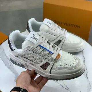 Louis Vuitton LV Trainer Beige Black Embossed Monogram Leather Layered Panel Construction Lifestyle Sneakers