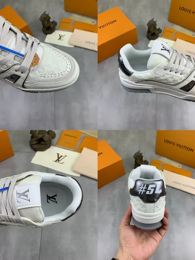Louis Vuitton LV Trainer Beige Black Embossed Monogram Leather Layered Panel Construction Lifestyle Sneakers 3